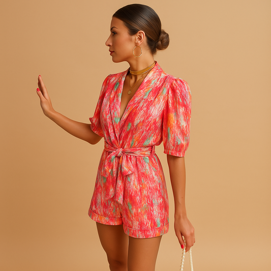 Short printed jumpsuit for women with belt and vibrant design, perfect for warm summer days, beach walks, and casual evenings.