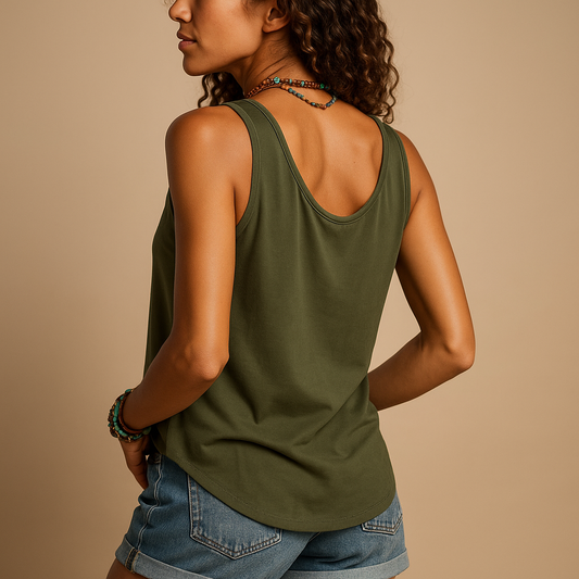 Sleeveless V-neck summer top for women with relaxed fit and vibrant colors, perfect for warm days, casual wear, and summer outfits.