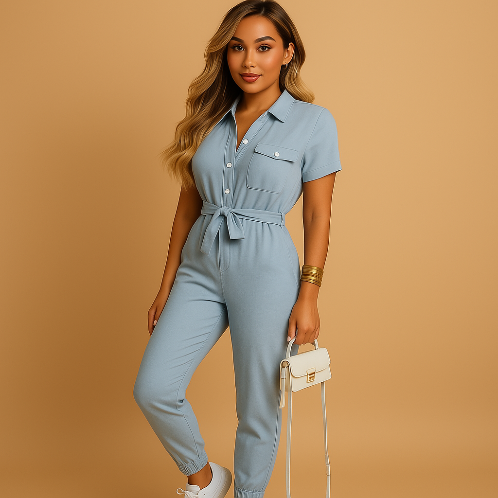 Tailored jumpsuit for women with button closure and flattering silhouette, perfect for work, social events, and elegant dinners.