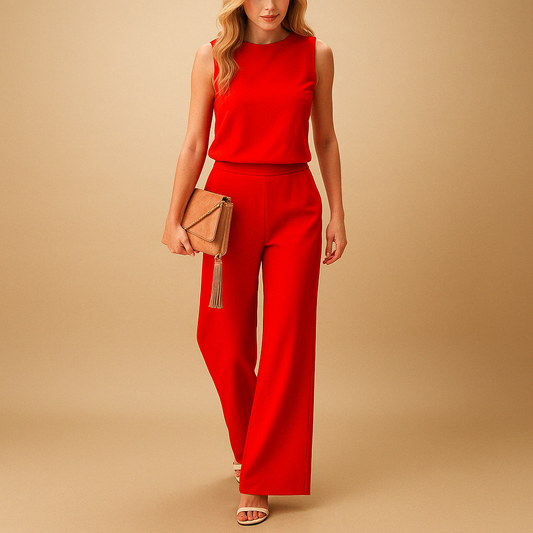 Wide-leg elegant jumpsuit for women with round neckline and mid-waist fit, perfect for work, evening wear, and special occasions.