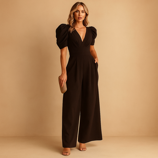 Elegant long jumpsuit for women with tailored fit and flowing silhouette, perfect for formal occasions, dinners, and galas.