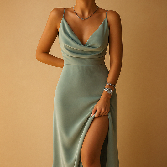 Elegant maxi dress with V-neck for women featuring a flowing fit and invisible back zipper, perfect for weddings, galas, and formal occasions.