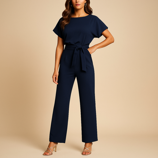 High-waist jumpsuit for women with lace-up detail and flattering fit, perfect for work, evenings out, and chic occasions.
