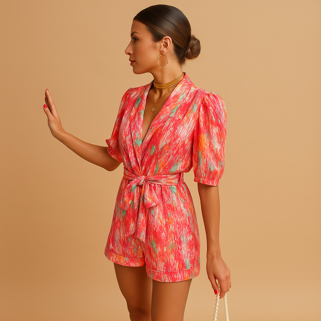Short printed jumpsuit for women with belt and vibrant design, perfect for warm summer days, beach walks, and casual evenings.