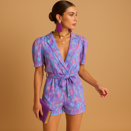 Short printed jumpsuit for women with belt and vibrant design, perfect for warm summer days, beach walks, and casual evenings.