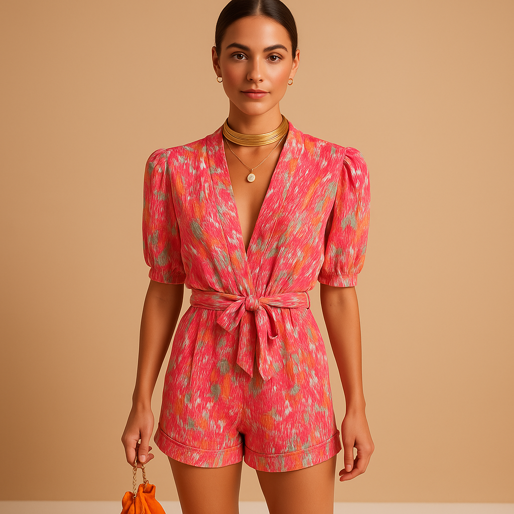 Short printed jumpsuit for women with belt and vibrant design, perfect for warm summer days, beach walks, and casual evenings.
