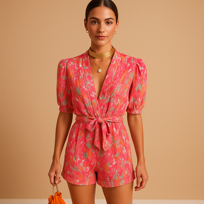 Short printed jumpsuit for women with belt and vibrant design, perfect for warm summer days, beach walks, and casual evenings.