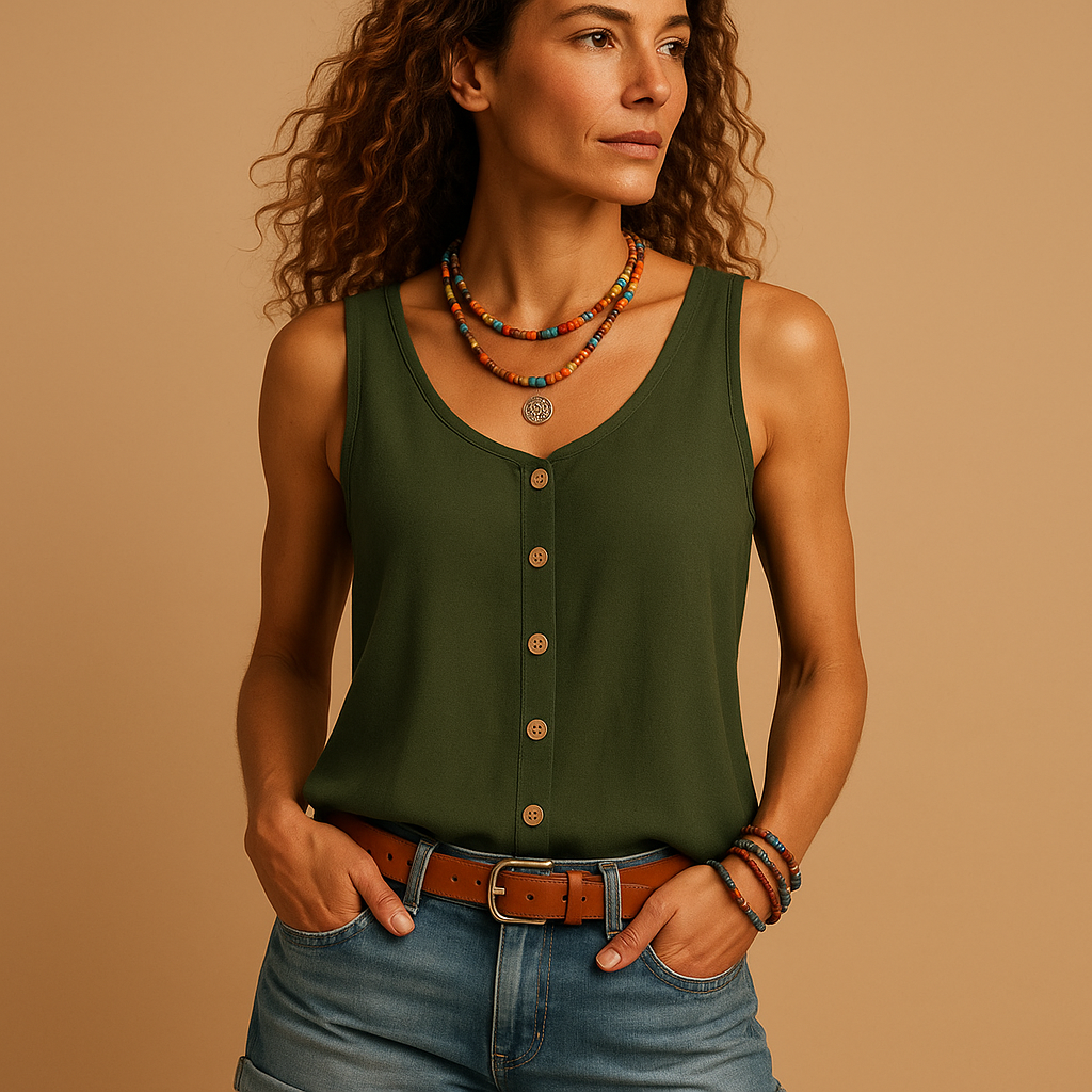 Sleeveless V-neck summer top for women with relaxed fit and vibrant colors, perfect for warm days, casual wear, and summer outfits.