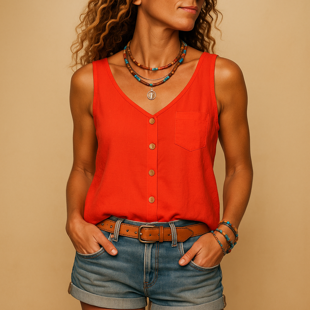 Sleeveless V-neck summer top for women with relaxed fit and vibrant colors, perfect for warm days, casual wear, and summer outfits.
