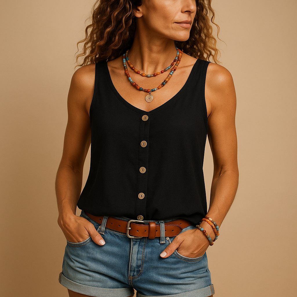 Sleeveless V-neck summer top for women with relaxed fit and vibrant colors, perfect for warm days, casual wear, and summer outfits.