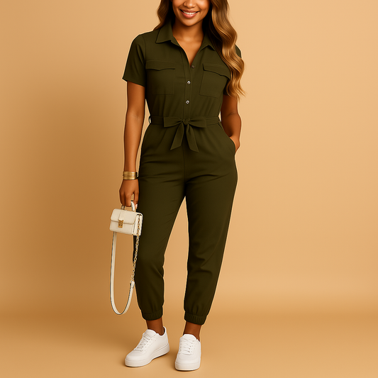 Tailored jumpsuit for women with button closure and flattering silhouette, perfect for work, social events, and elegant dinners.