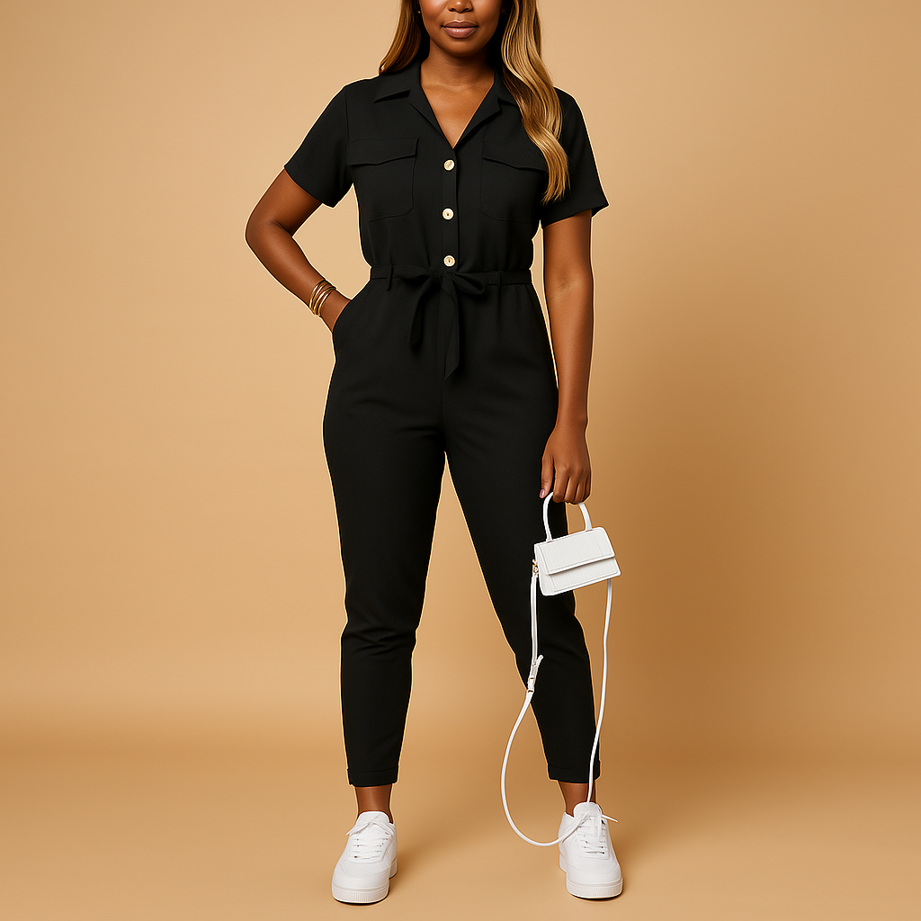 Tailored jumpsuit for women with button closure and flattering silhouette, perfect for work, social events, and elegant dinners.